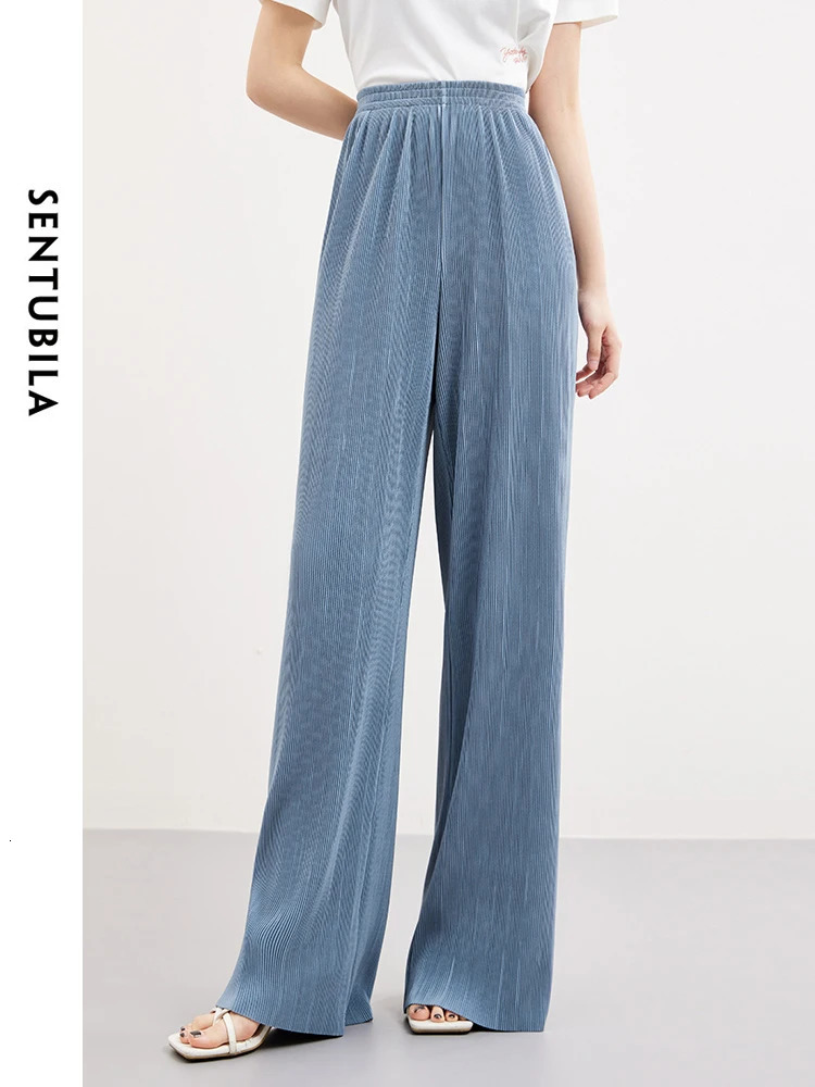 SENTUBILA Blue Elegant High Waist Wide Leg Pants Spring/Summer Elastic Waist Straight Loose Womens Trouser 141K53093 241023