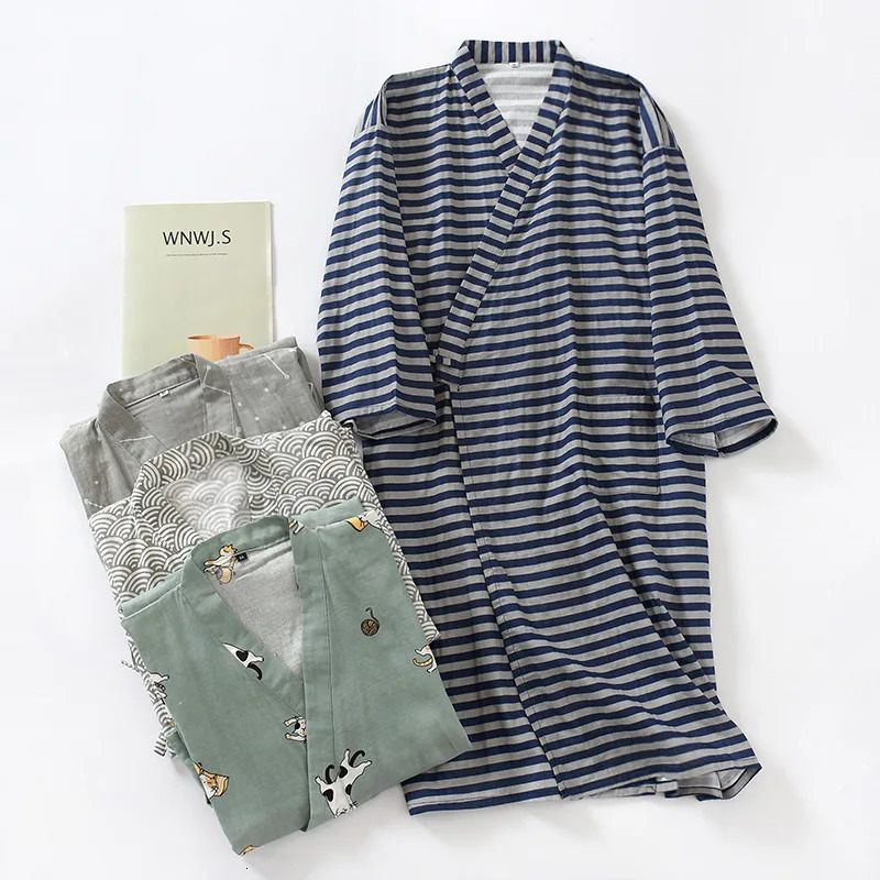 Mens 100% Cotton High Zee Cotton Robe Loose and Thin Yukata Japanese Kimono Pajama Mens Hooded Robe V-neck Pajama Bathroom Pajama 241023