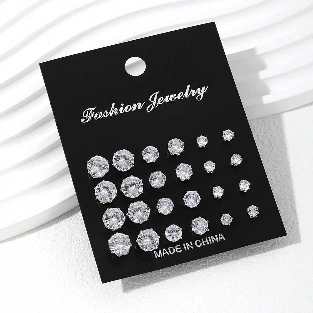 Up to 12 pairs of shiny zircon stud earrings set suitable for women daily fashion silver crystal earrings W241023
