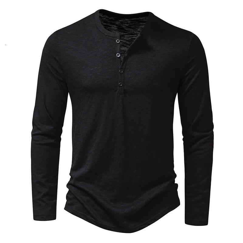 Autumn Mens Cotton Button Henley Collar T-shirt Fashion Solid Color Long Sleeve T-shirt Casual Button Top T-shirt 241024