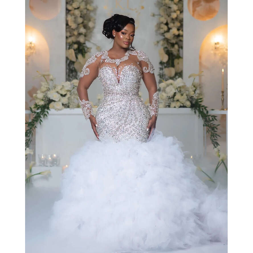 2024 Arabic Aso Ebi Plus Size Off White Mermaid Wedding Dresses Urious Lace Rhies Full Sleeves Tiers Vintage Bridal Gowns Dress