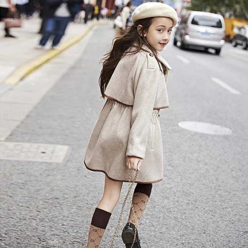 Winter beige thick long jacket little girls coat corset wool coat cotton trench jacket teenage girls coat 2-16Y W241023