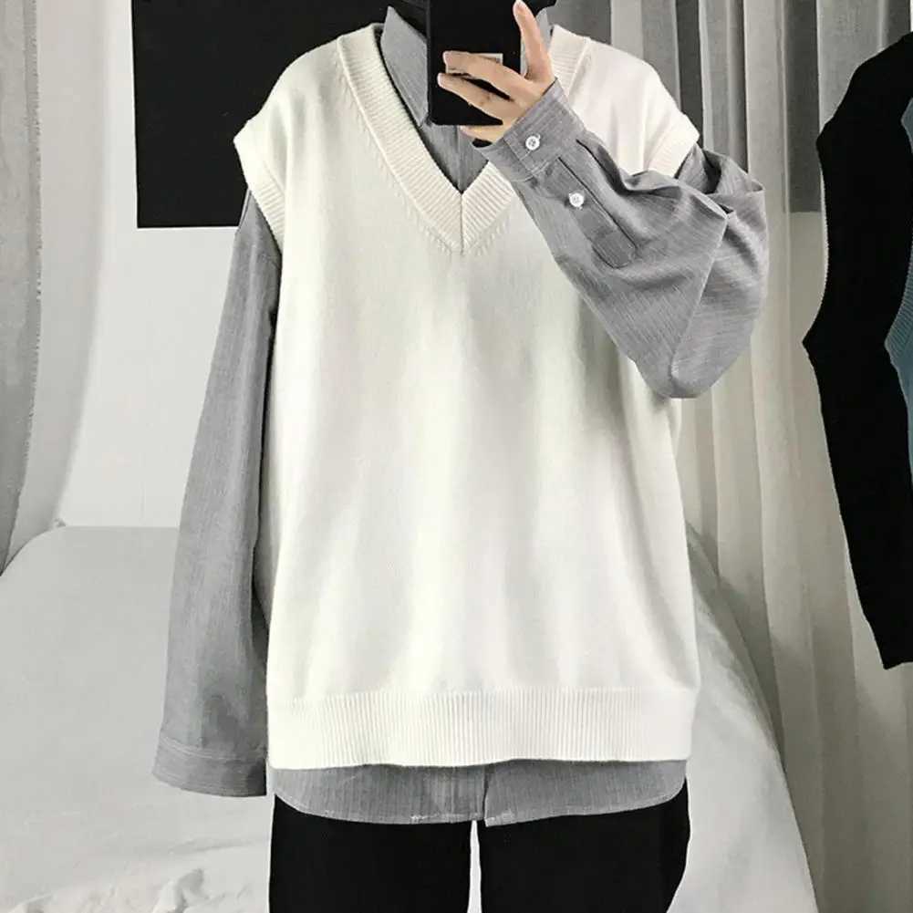 Men Sweater Vest V Neck Solid Color Sleeveless All Match Spring Sweater for School Male Pullovers Mens Clothing Streetwear LX241024