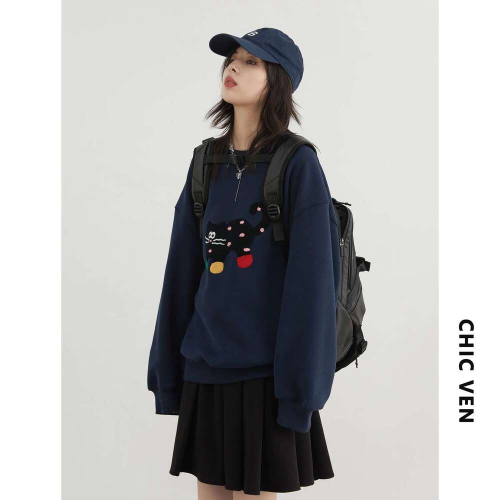 CHIC VEN Women Sweatshirts Loose Casual Streetwear New O Neck Cat Print Female Sports Top For Girl Clothing Autumn Winter 2024