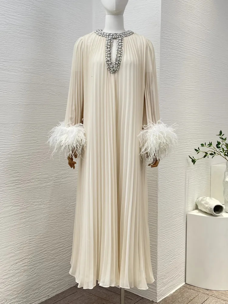 IEQJ pleated feather diamond patchwork womens long sleeved loose elegant dress clothing 36A2956 241024