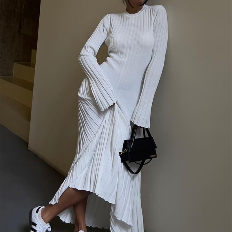 Tossy LaceUp Female Knit Maxi Dress Autumn High Waist Fashion Patchwork Long Sleeve Loose Solid Bandage Knitwear 241007