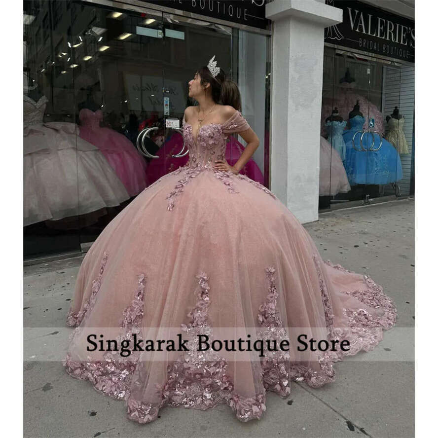 Quinceanera Pink Dresses Sweet Dress Wers Appliques Crystal Beads Birthday Party Gowns Vestido De Corset Ball Gown