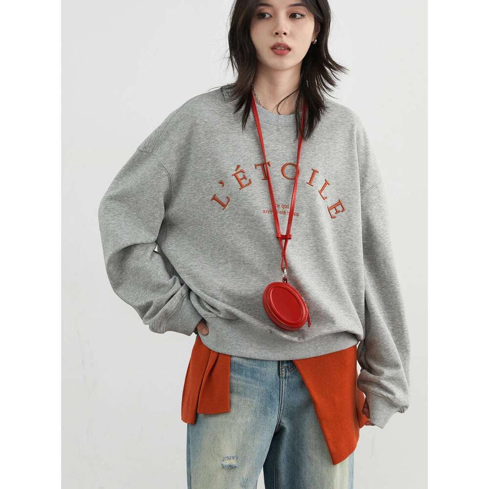 CHIC VEN Women Sweatshirts Loose Grey Coat Letter Embroidered O Neck Pullover Female Top Autumn Winter Clothes 2024