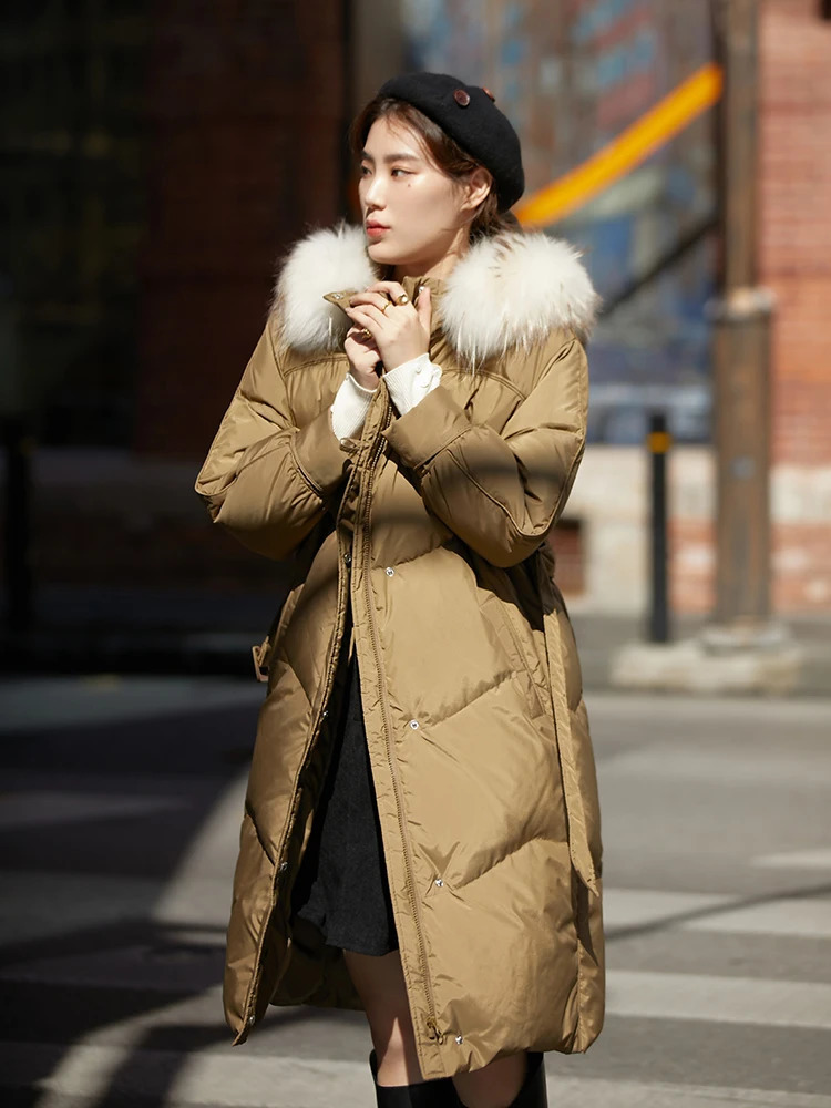 DUSHU Womens Raccoon Fur Collar Medium length Down Jacket Olive Green Niche Style Warm Jacket Womens Black Long Jacket 241023