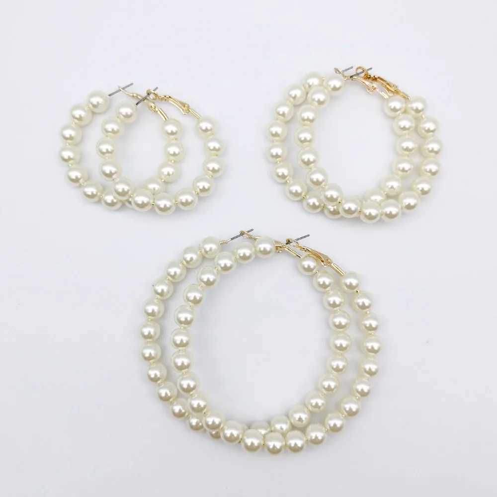 Womens elegant white pearl round ring earrings oversized pearl geometric earrings fashionable jewelry W241023