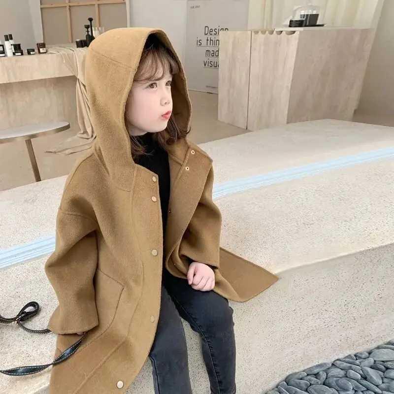 Childrens wool coat autumn and winter new item womens hooded sweater solid color baby medium length wool coat W241023