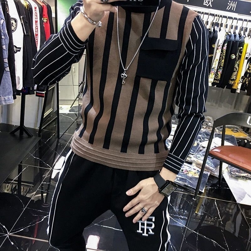 Fashion ONeck Knitted Spliced Pockets Two Pieces Striped Sweater Mens Clothing Autumn Casual Pullovers Warm Tops 240930