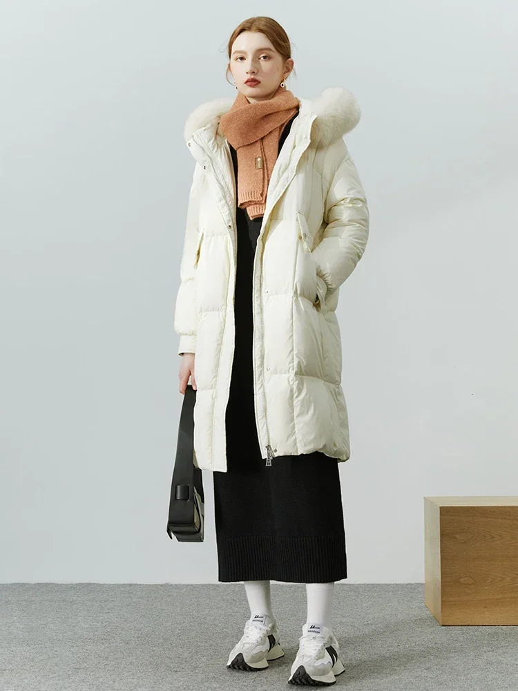 FSLE 142-170G Fox Fur Collar Hoodie Womens Winter 90% White Duck Filled Medium Length Warm Down Coat Womens 241023