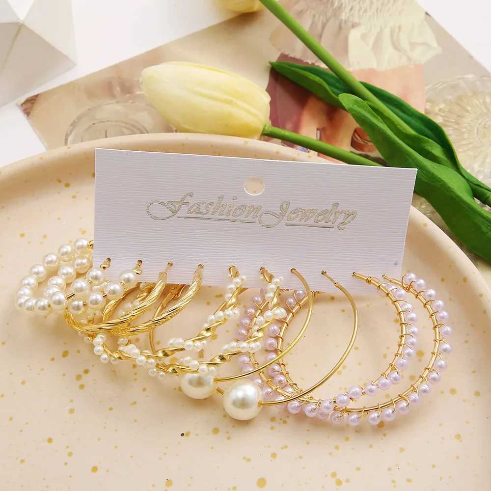 Pearl Heart Twisted Pendant Earrings Set Round Hoop Earrings Womens Retro Gold Trendy Jewelry Accessories W241023
