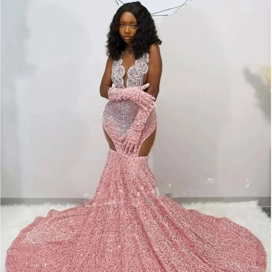 Sparkg Peach Pink Long Prom Dress 2024 For Black Girls Sexy Diamante Sequins See Through Birthday Party Gowns Vestidos