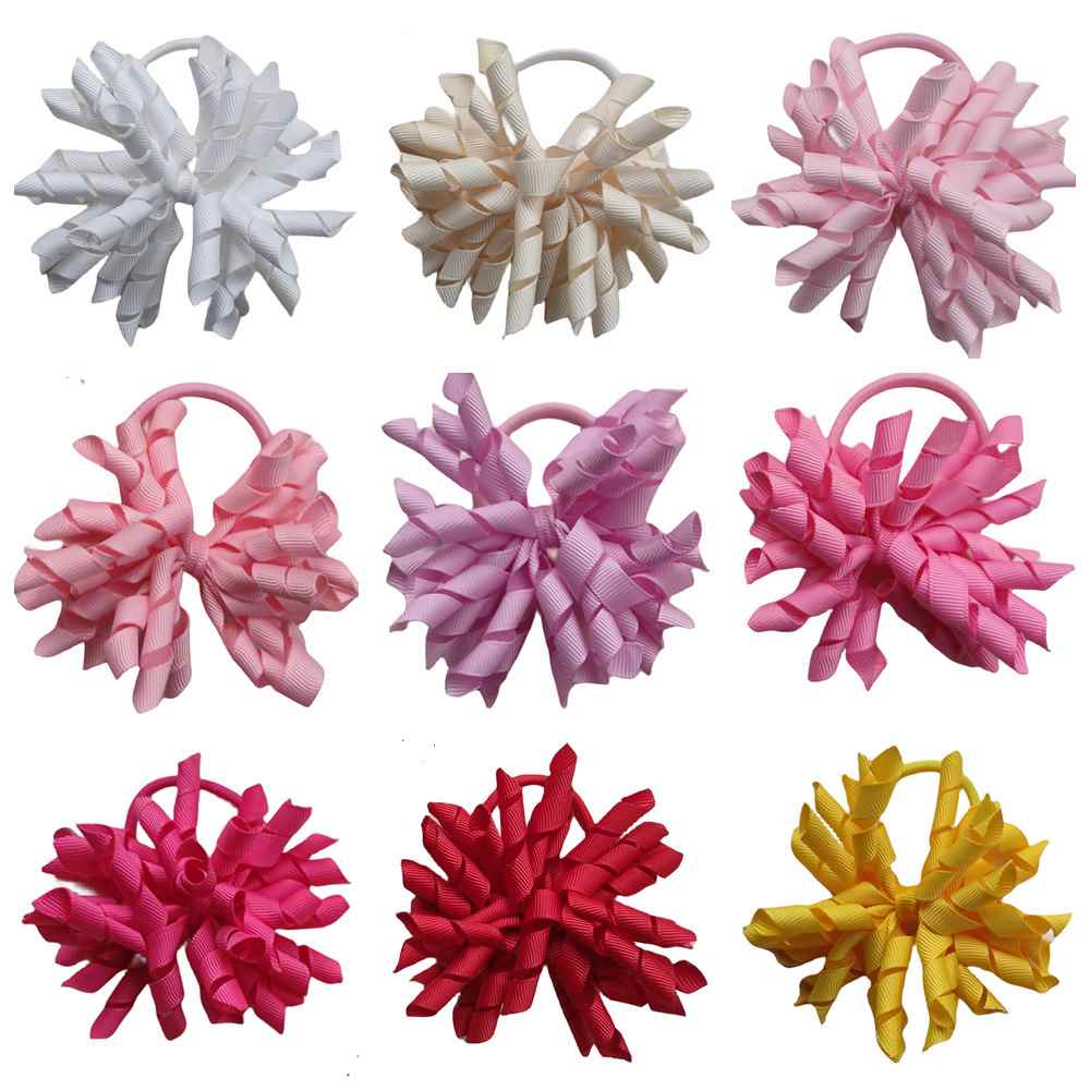 Girl Children's Korker Curly Ribbon Bows Flowers Elastic Rope Hairbands Korean Corker Barrettes Hair Bobbles Side Clip Tie Kids Accessories 100Pc