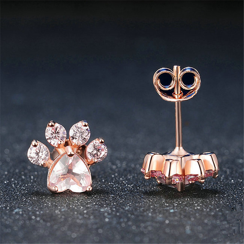 Creative cat paw footprints 925 sterling silver zircon earrings rose gold diamond Stud classic four-claw shiny crystal Stud earrings exquisite gift