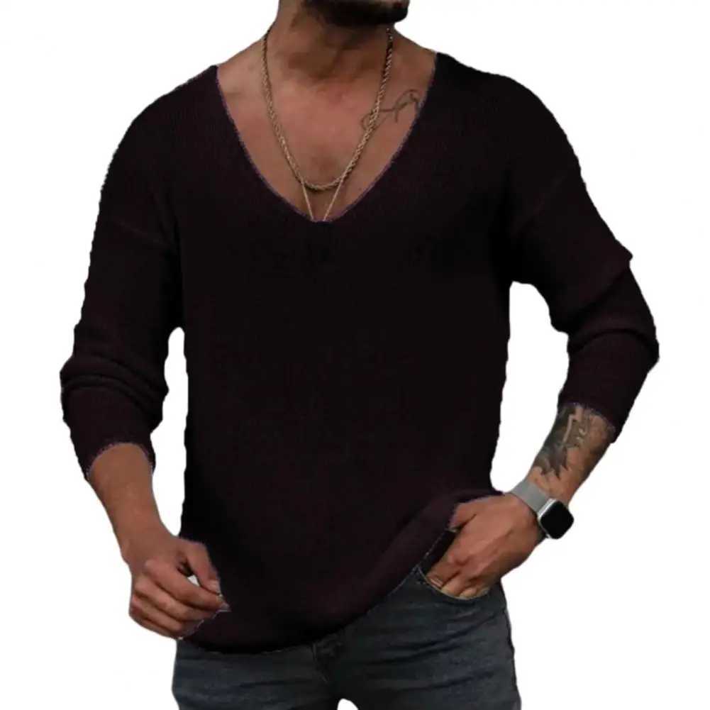 Men Spring Autumn V-neck Long Sleeve Sweater Loose Fit Solid Color Bottoming Pullover Tops Simple Casual Knitting Tee Tops LX241024