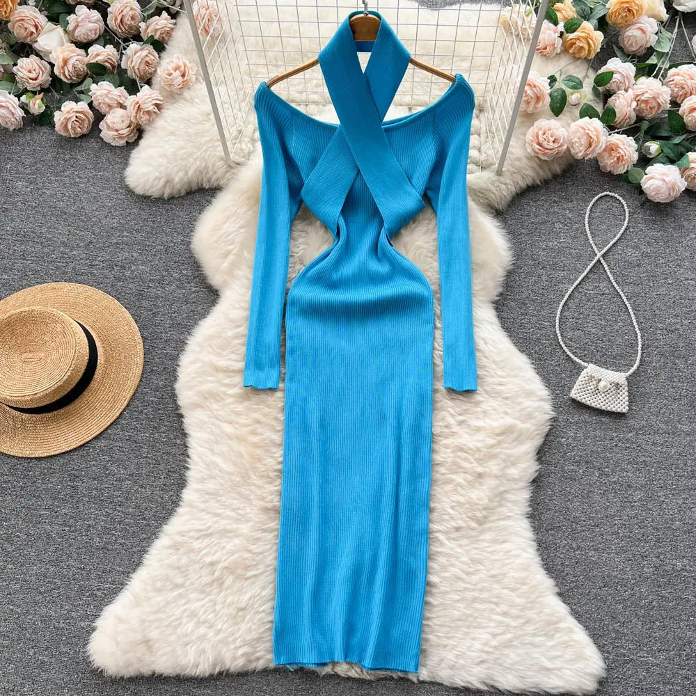 Autumn and Winter Womens Long Skirt Elegant Strapless Thin Waist Knitted Body Dress Korean Office Womens Sweater Dress Vestitos 241024