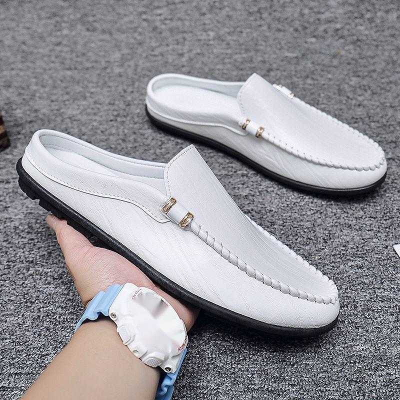 Men Dress Shoes Bean Shoes Mens New Style Mens Half Slippers For Outdoor Wear Summer Breathable Lazy Shoes One Foot No Heel Leather Shoes 241009