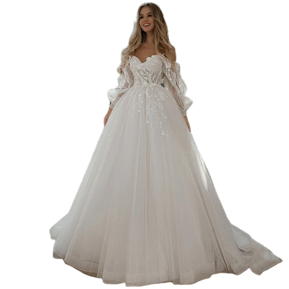 Modern Off Shoulder Tulle Wedding Dresses Spaghetti Long Puff Sleeves Lace Appliques Boho Bride Gown 2025 Ivory A-Line Vestidos De Novia
