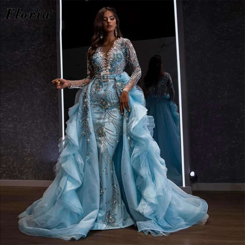 ria Arabic African Blue Beaded Evening Dresses Vestidos Two Pieces Rhie Red Carpet Pageant Dress Party Gowns For Prom