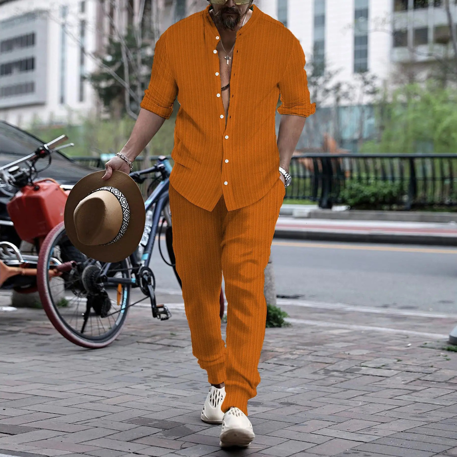 high-quality solid color mens casual shopping breathable long sleeved loose top summer item 241024