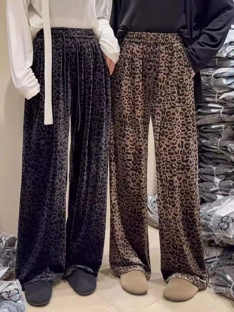 Elastic waist brushed leopard print loose gold velvet pants winter chic straight womens pants casual retro Trouser streetwear 241023