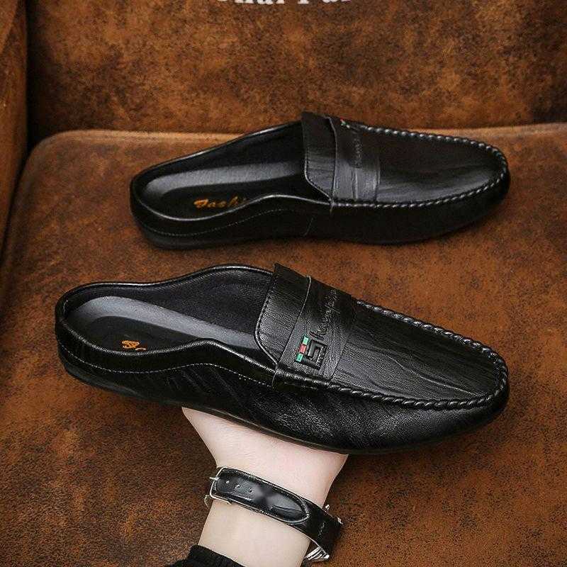 Men Dress Shoes Bean Shoes Mens New Style Mens Half Slippers For Outdoor Wear Summer Breathable Lazy Shoes One Foot No Heel Leather Shoes 241009