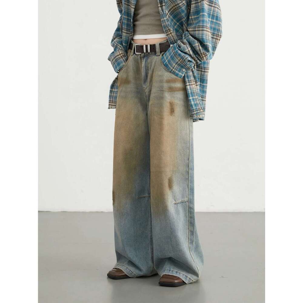 CHIC VEN Women High Waisted Dirty Dyed Jeans Vintage Casual Wide Leg Denim Pants Female Trousers Autumn 2024