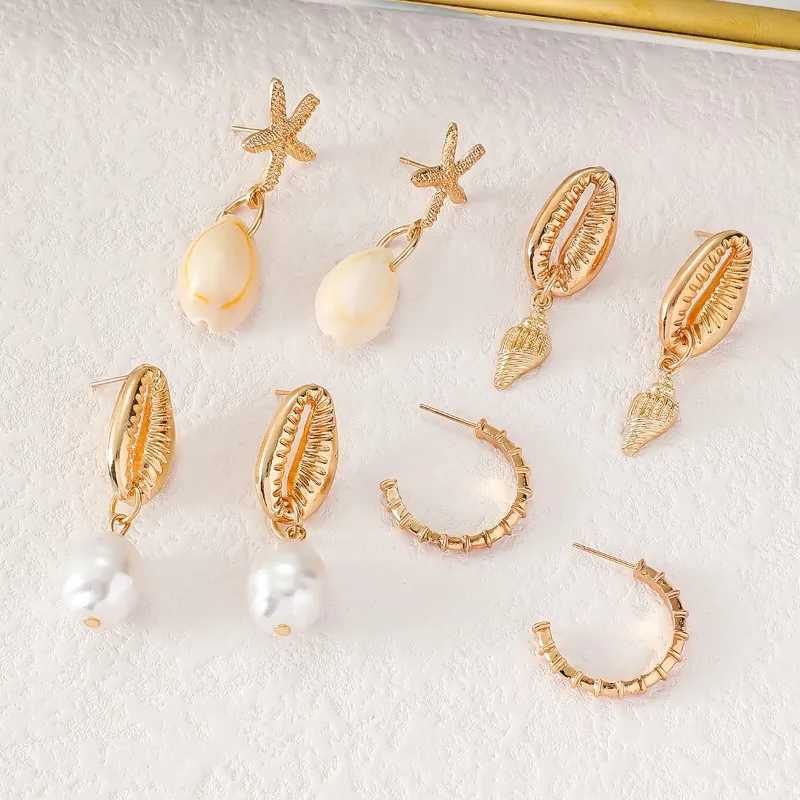 4 pairs of Bohemian shell starfish pendant earrings set for womens summer beach pearl conch pendant geometric earrings for girls fashion jewelry W2410