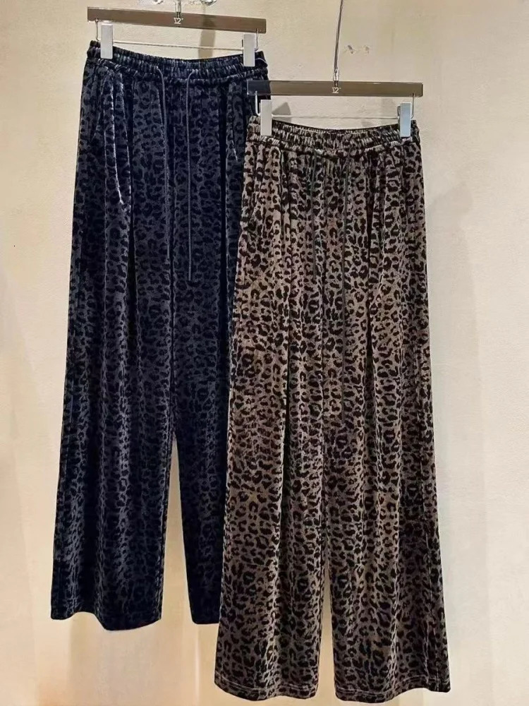 Elastic waist brushed leopard print loose gold velvet pants winter chic straight womens pants casual retro Trouser streetwear 241023