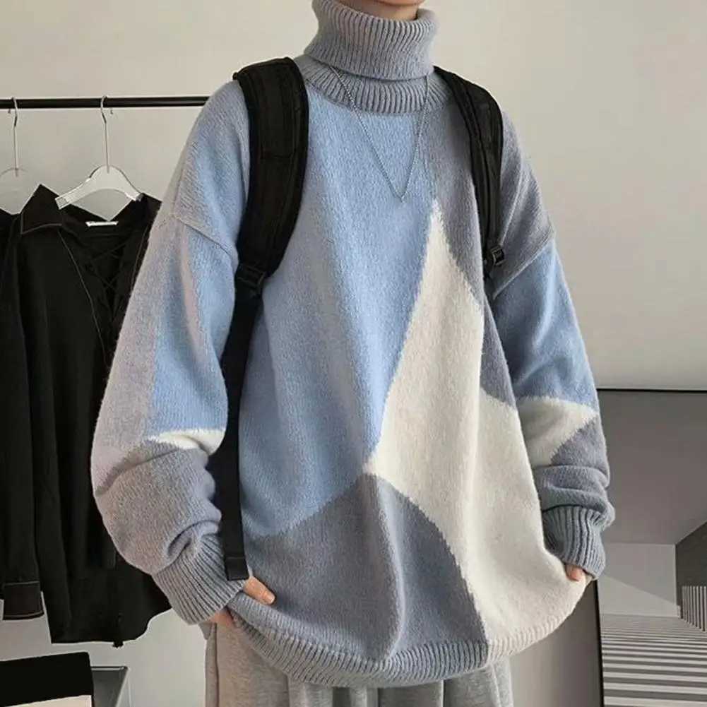 High Collar Sweater Colorblock Knitted Turtleneck Mens Sweater with High Collar Neck Protection Soft Warmth Elastic Mid Length LX241024
