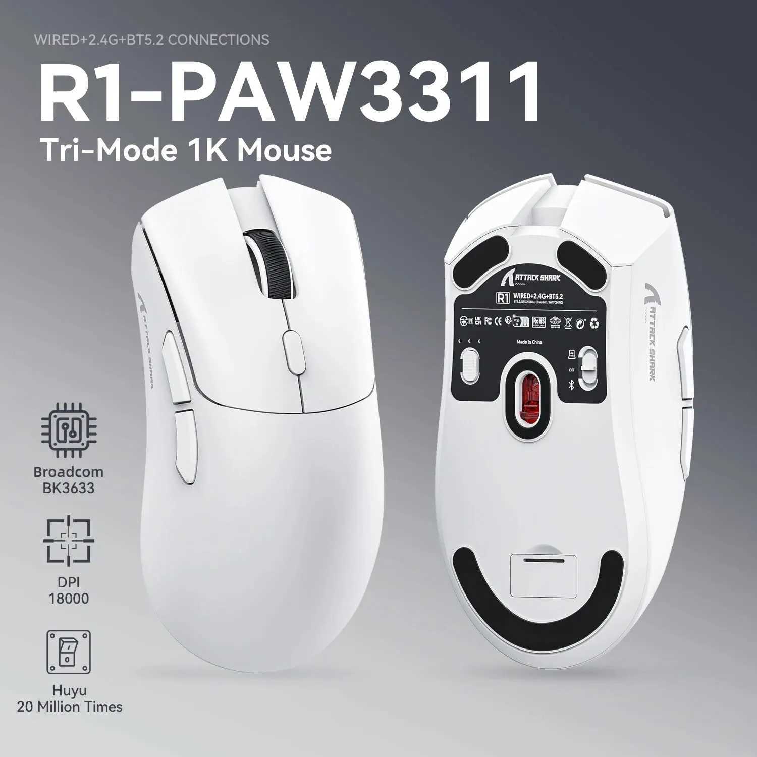 R1 Superlight Mouse Bluetooth 2.4G Wireless Gaming Mouse PixArt PAW3311 Gaming Sensor 6 Adjustable DPI for Office GameLX241024
