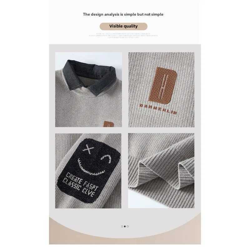 Ferret Velvet Hipster NASA Fake Two Shirt Neck Sweater Knit Sweater Men Extra Thick Fleece Casual Daily Handsome Fashion Sweater LX241024