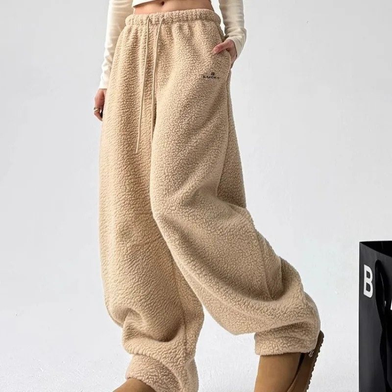 QWEEK Y2k Casual Winter Sweatpants Woman Oversize Korean Harajuku Thick Pants Autumn Warm Khaki Wide Leg Trousers 241022