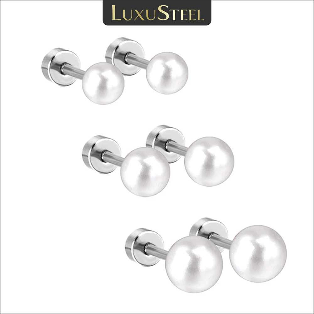 LUXUSTEEL 3 pairs/batch white imitation pearl earrings suitable for women stainless steel screw back stud earrings wedding size 4/5/6mm W241023