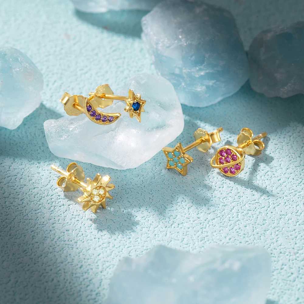 CANNER 925 Sterling Silver 5pcs Star Moon Color Zircon Planet Set Stud Earrings For Women Ins Earrings Fine Jewelry Party GiftX241023