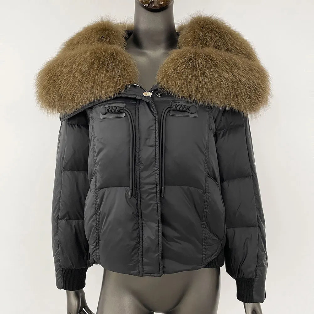 Winter Big True Fox Fur Collar Coat Womens Natural Thick Warm Duck Coat Short Sleeve Loose Fur Leather Jacket 241023
