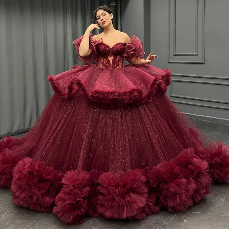 Red Quinceanera Dresses Off The Shoulder Sweet 16 Years Old Party Princess Appliques Lace Beads Crystal Tull Tiered Birthday Party Dress Vestido 15 De