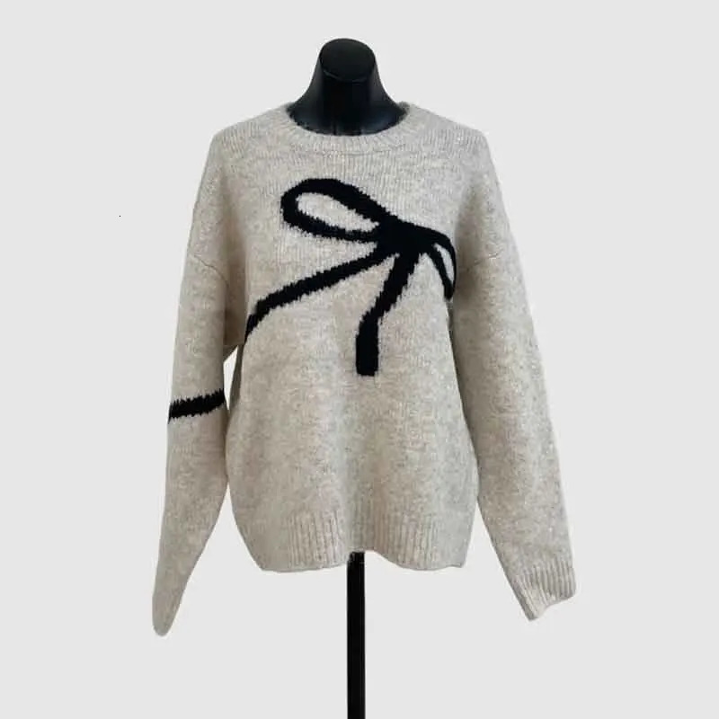 Temperature bow n O-neck long sleeved knitted sweater loose and fully matched gray floral top autumn item 16O1409 241024