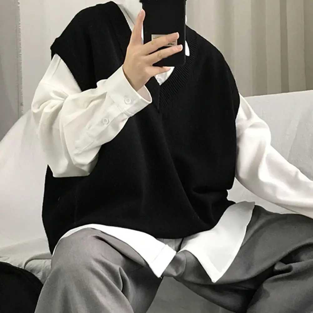 Men Sweater Vest V Neck Solid Color Sleeveless All Match Spring Sweater for School Male Pullovers Mens Clothing Streetwear LX241024