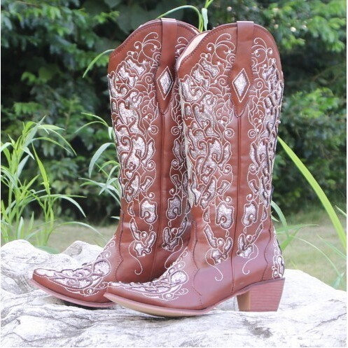 Drop Vintage Rhinestone Hollow Out Flower Western Cowboy Boot Pointed High Heel Knight Large WomenS Boots 35-45 240619