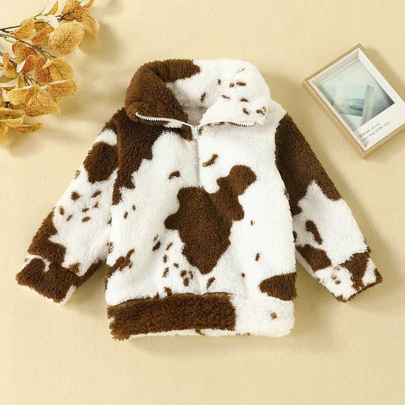 FOCUSNORM 0-3Y Warm Wool Coat for Preschool Girls in Winter Long Sleeve Collar Cow Print Zipper Coat W241023