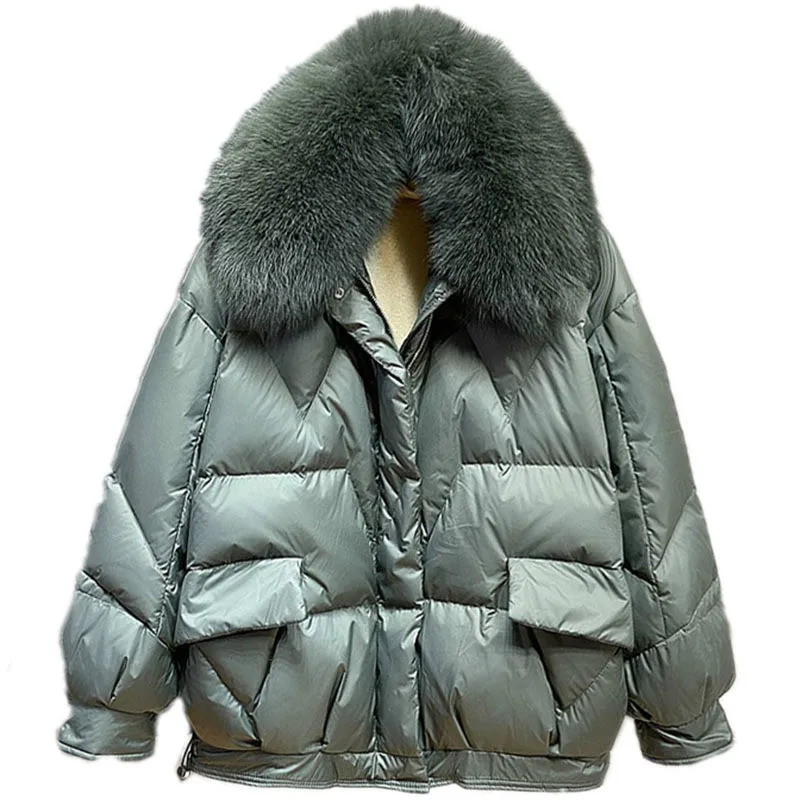 Short Parkas womens natural fox fur collar loose oversized 90% white duck down jacket womens winter coat vest womens 241023