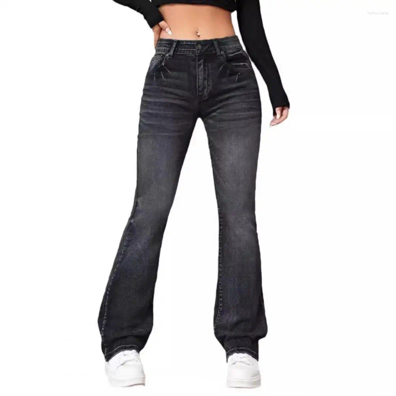 Women's Jeans: High-Waisted, Flared Hem, Gradient Color, Multi-Pockets, Button Zipper, Streetwear