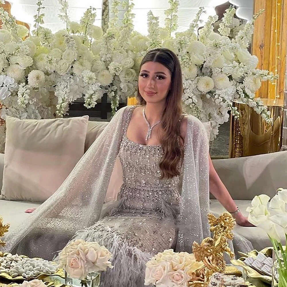 Dubai Sequined Women Prom Dress Saudi Arabia Beadings Crystal Feather Party Evening Gowns Formal Ocn Robe De Soiree