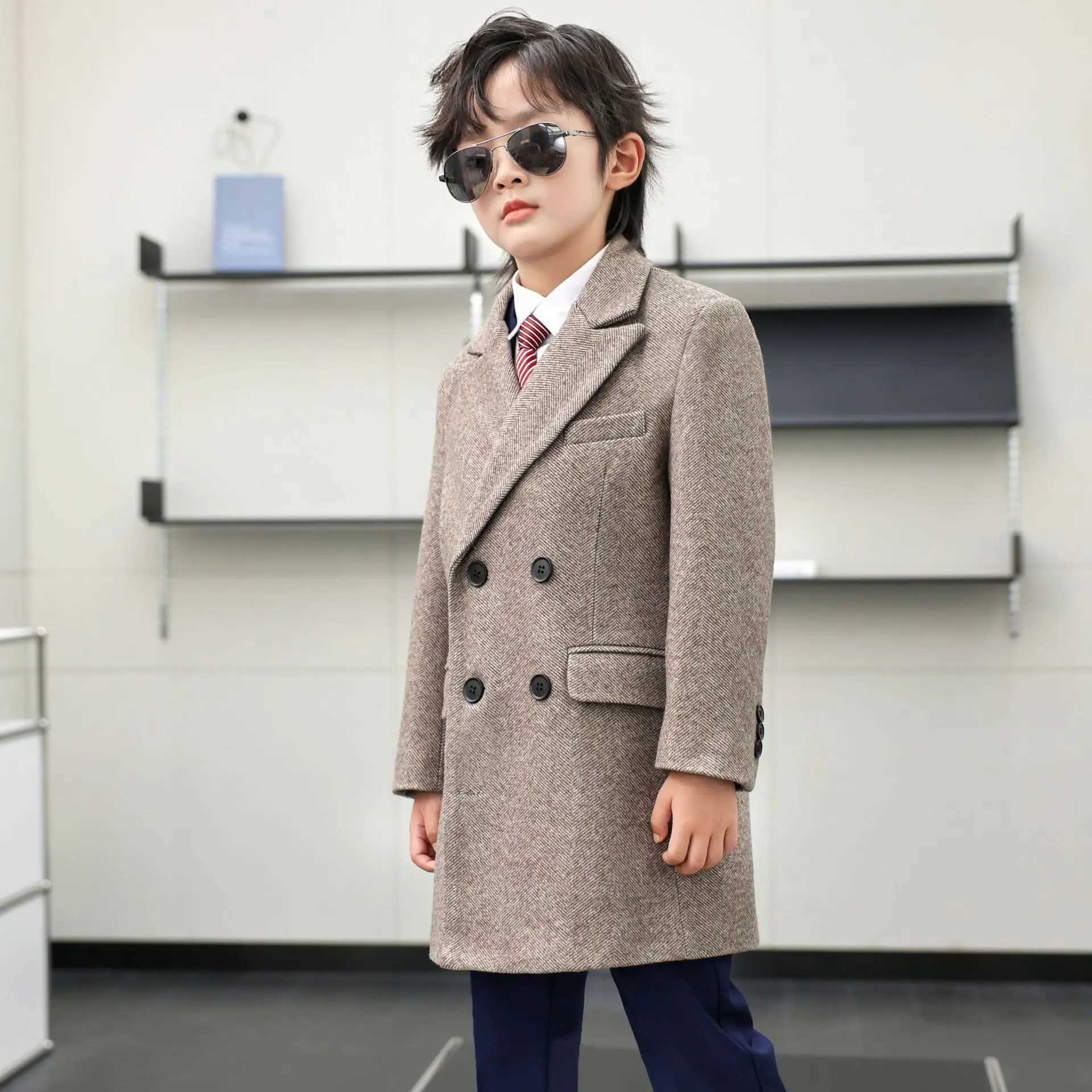 Childrens winter warm wool coat boys and girls windproof outdoor long jacket school childrens foam birthday Par photography wool coat W241023