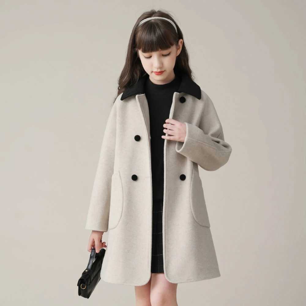 Girls wool coat with a collar 2023 beautiful and warm thick winter and autumn youth mid length clothing W241023