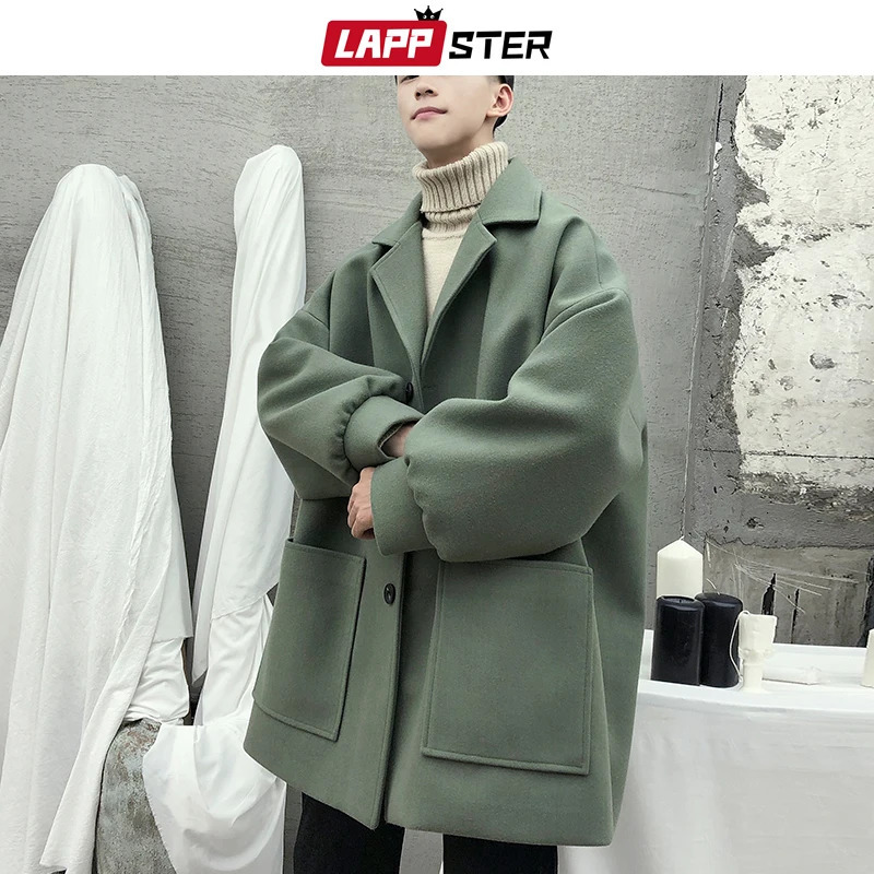LAPPSTER oversized mens solid Korean winter coat wool coat mens black Harajuku trench coat flannel button jacket and coat 241024